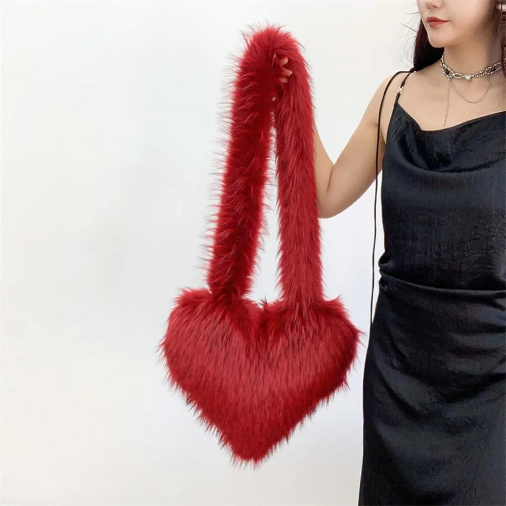 Large Heart Shaped Bag for Women Faux Fur Shoulder Purse Y2k Crossbody Bag Chic Handbag Furry Shoulder Tote Purse