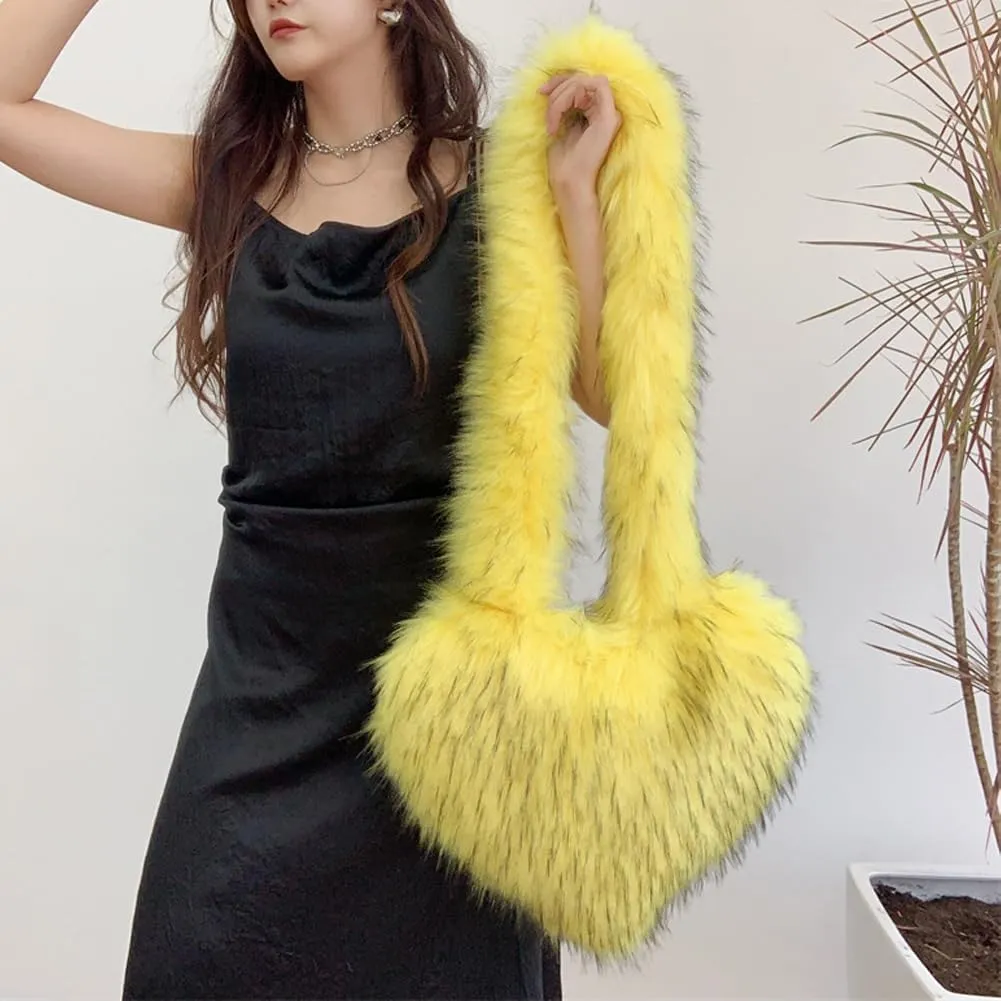 Large Heart Shaped Bag for Women Faux Fur Shoulder Purse Y2k Crossbody Bag Chic Handbag Furry Shoulder Tote Purse