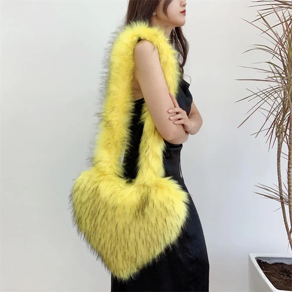 Large Heart Shaped Bag for Women Faux Fur Shoulder Purse Y2k Crossbody Bag Chic Handbag Furry Shoulder Tote Purse