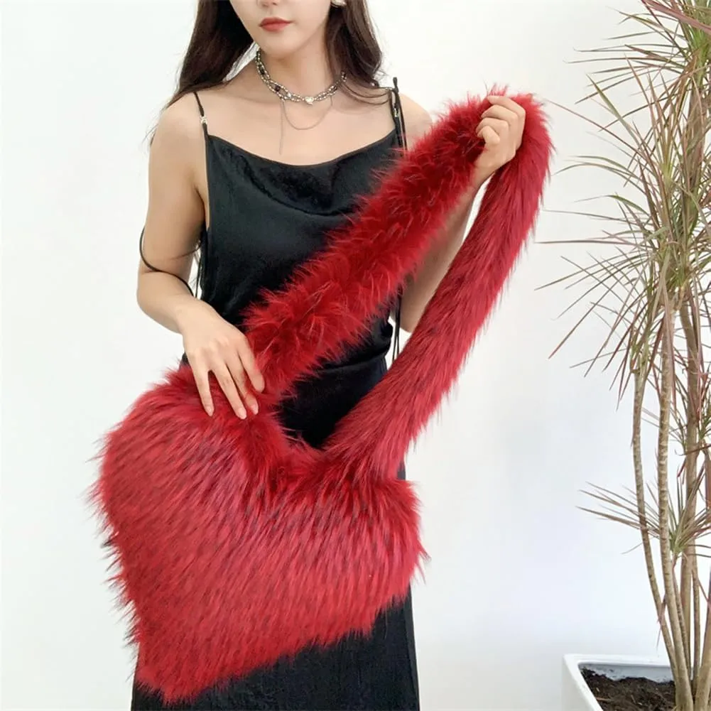 Large Heart Shaped Bag for Women Faux Fur Shoulder Purse Y2k Crossbody Bag Chic Handbag Furry Shoulder Tote Purse