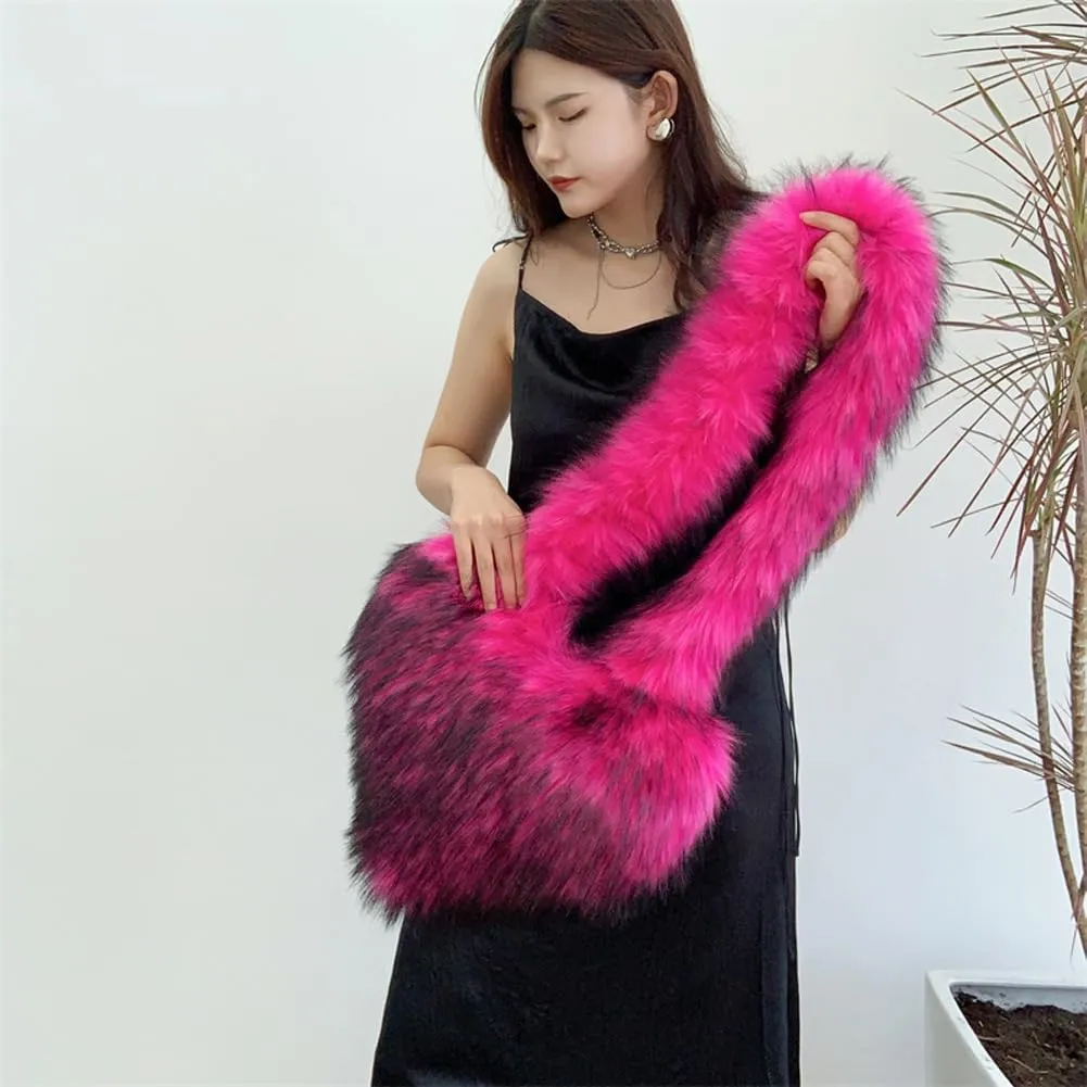 Large Heart Shaped Bag for Women Faux Fur Shoulder Purse Y2k Crossbody Bag Chic Handbag Furry Shoulder Tote Purse