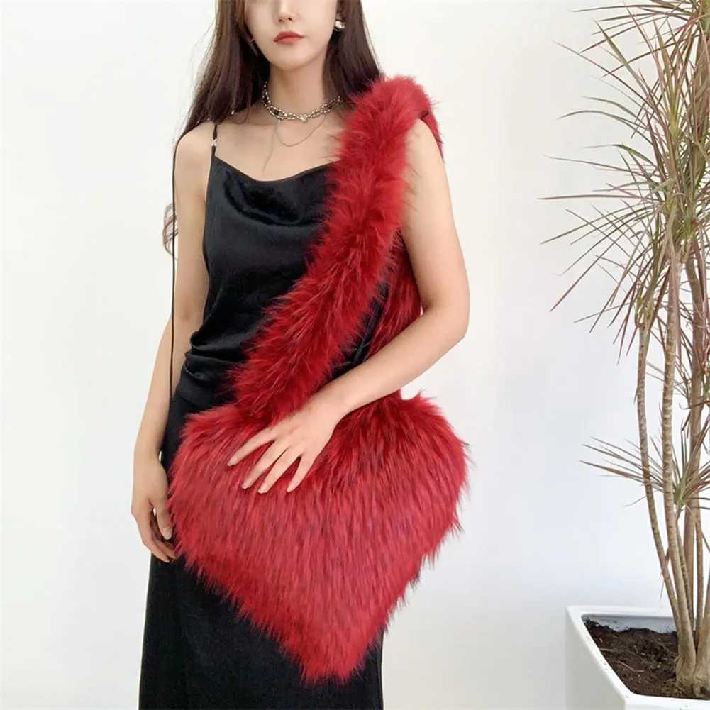 Large Heart Shaped Bag for Women Faux Fur Shoulder Purse Y2k Crossbody Bag Chic Handbag Furry Shoulder Tote Purse