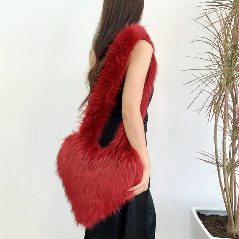 Large Heart Shaped Bag for Women Faux Fur Shoulder Purse Y2k Crossbody Bag Chic Handbag Furry Shoulder Tote Purse