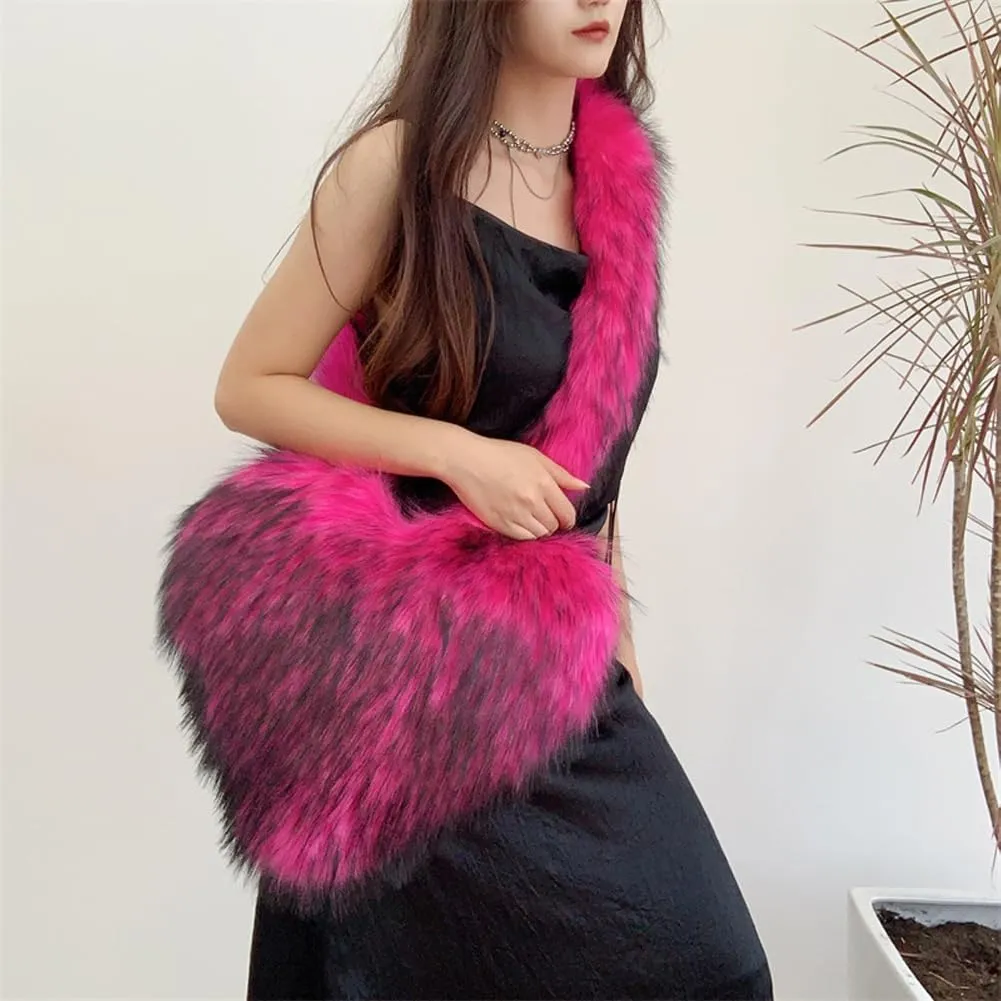 Large Heart Shaped Bag for Women Faux Fur Shoulder Purse Y2k Crossbody Bag Chic Handbag Furry Shoulder Tote Purse
