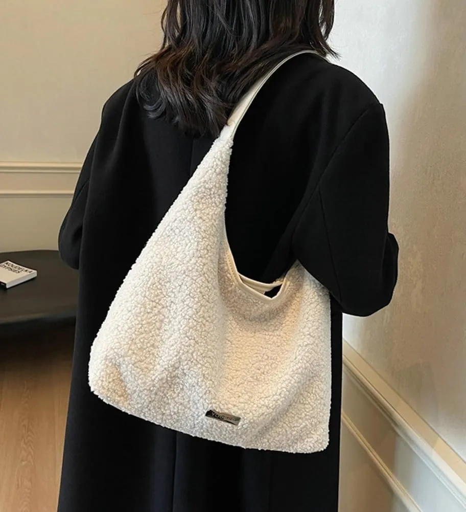 Large Tote Bag For Women Casual Fuzzy Plush Underarm Handbag Furry Shoulder Bag Faux Fur Winter Crossbody Bags Travel Purse