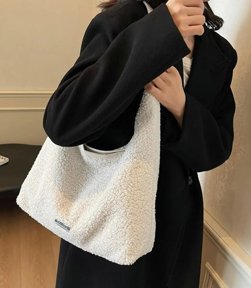 Large Tote Bag For Women Casual Fuzzy Plush Underarm Handbag Furry Shoulder Bag Faux Fur Winter Crossbody Bags Travel Purse