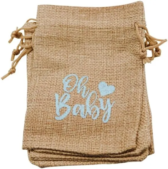 Lassos Boutique 24 Piece Baby Shower Favors Oh Baby Printed 4"x6" Burlap Favor Bag Neutral Gender Reveal Prizes Games for Boy Girl, Jute Gift Pouch