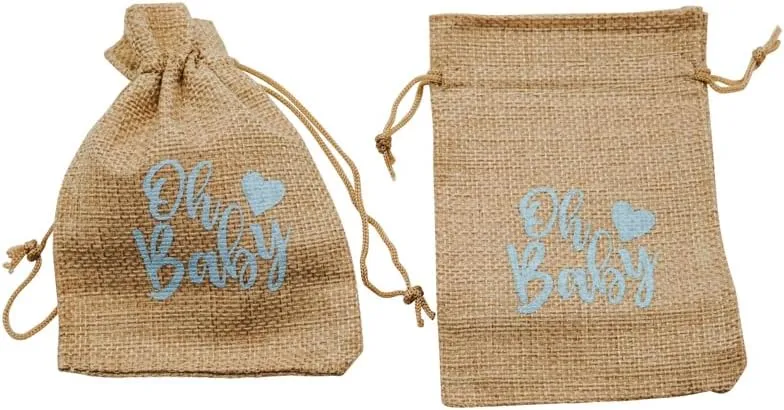 Lassos Boutique 24 Piece Baby Shower Favors Oh Baby Printed 4"x6" Burlap Favor Bag Neutral Gender Reveal Prizes Games for Boy Girl, Jute Gift Pouch