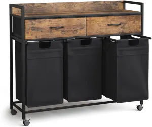 Laundry Hamper baskets 3 Section with 2 Drawers, 150L Laundry Sorter with Wheels Pull-Out Removable Laundry Bags, Rustic Brown and Black