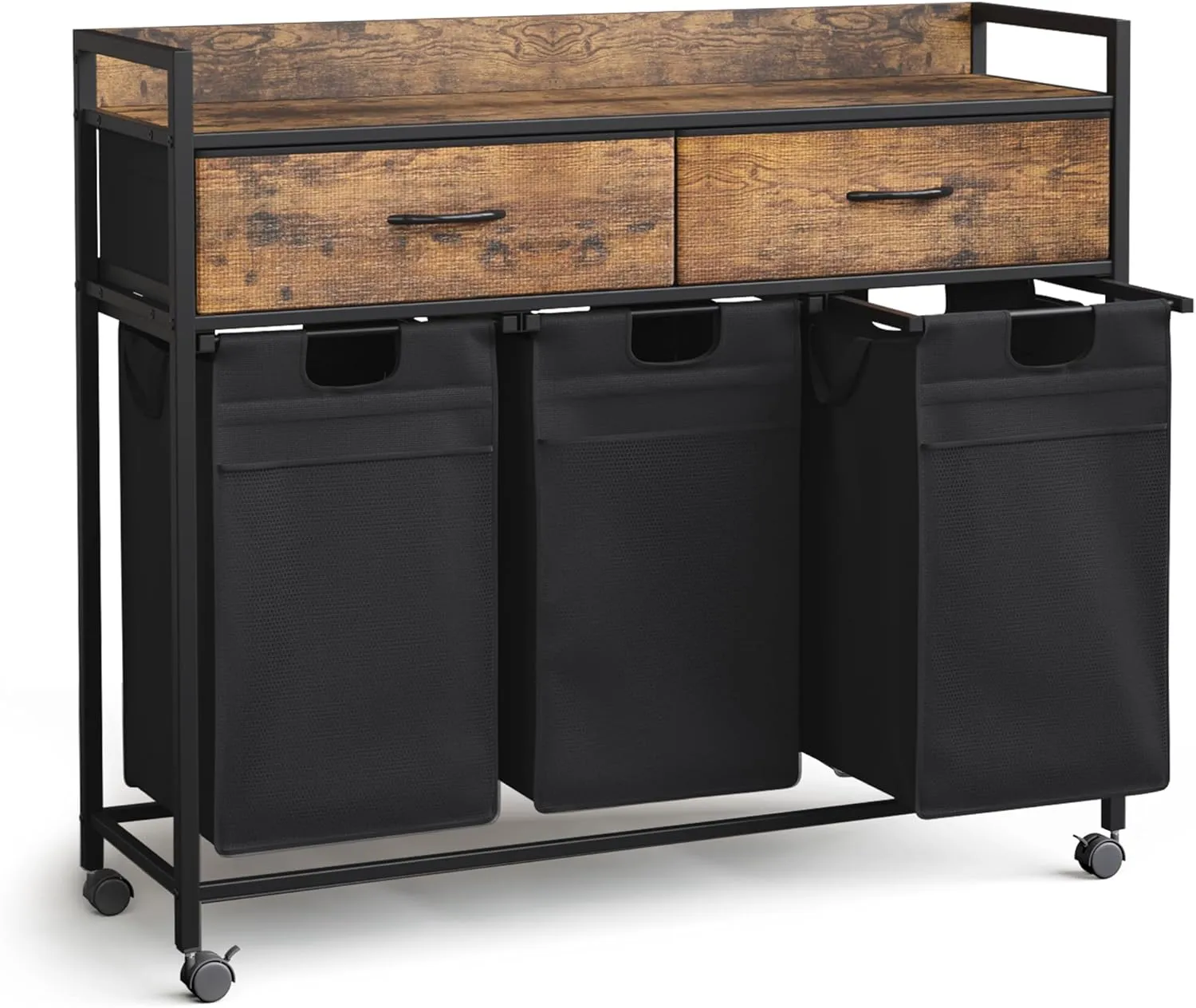 Laundry Hamper baskets 3 Section with 2 Drawers, 150L Laundry Sorter with Wheels Pull-Out Removable Laundry Bags, Rustic Brown and Black