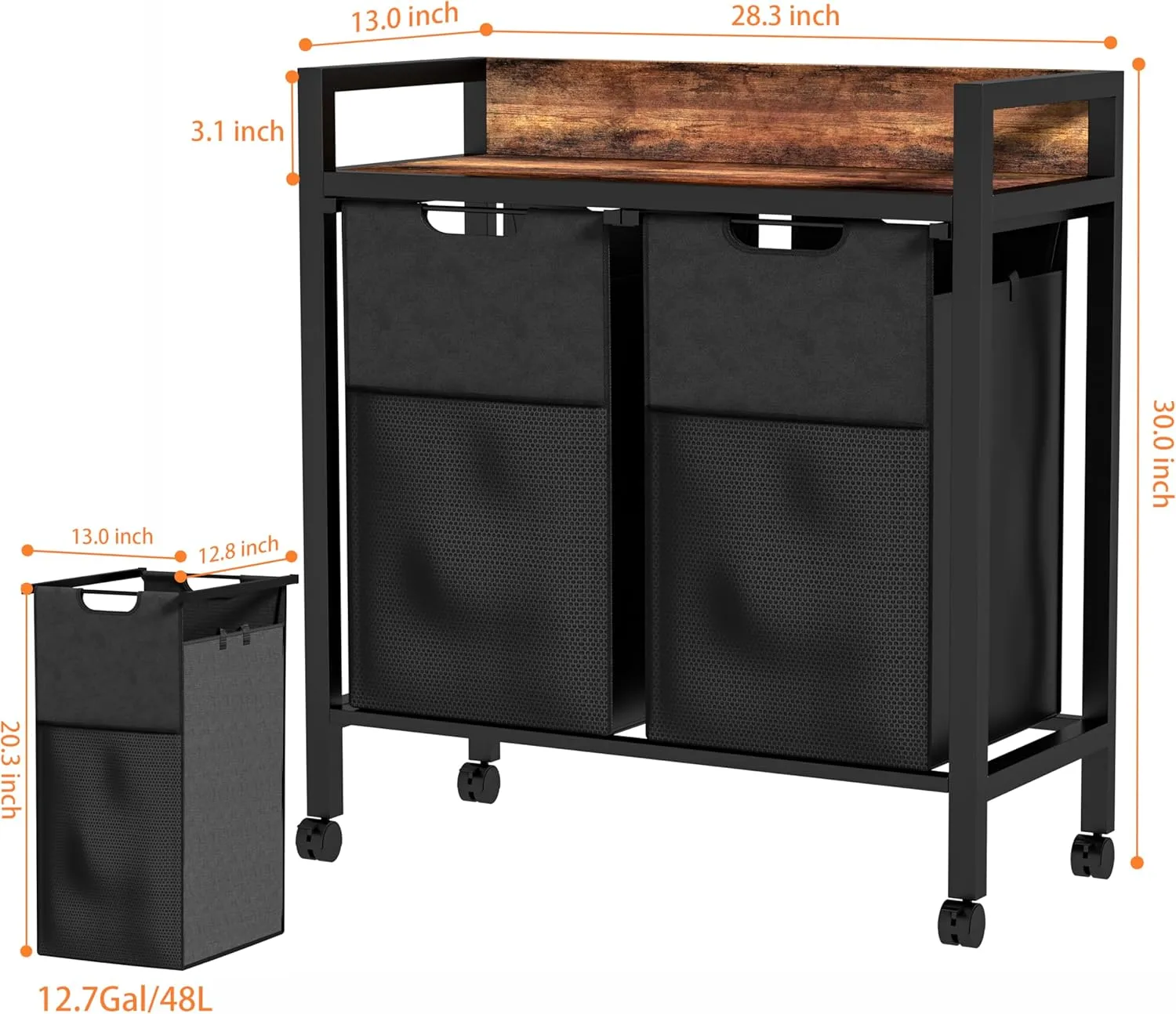 Laundry Sorter 2 Section, Dirty Clothes Hamper with Shelf,360°Rolling Laundry Basket, 2 Pull-Out and Removable Oxford Fabric Laundry Bags(96L),Rustic Brown and Black