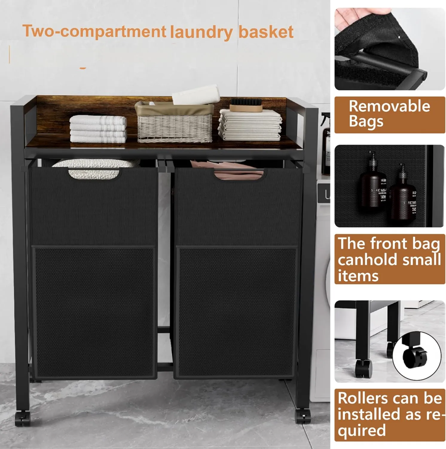 Laundry Sorter 2 Section, Dirty Clothes Hamper with Shelf,360°Rolling Laundry Basket, 2 Pull-Out and Removable Oxford Fabric Laundry Bags(96L),Rustic Brown and Black
