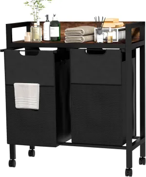 Laundry Sorter 2 Section, Dirty Clothes Hamper with Shelf,360°Rolling Laundry Basket, 2 Pull-Out and Removable Oxford Fabric Laundry Bags(96L),Rustic Brown and Black