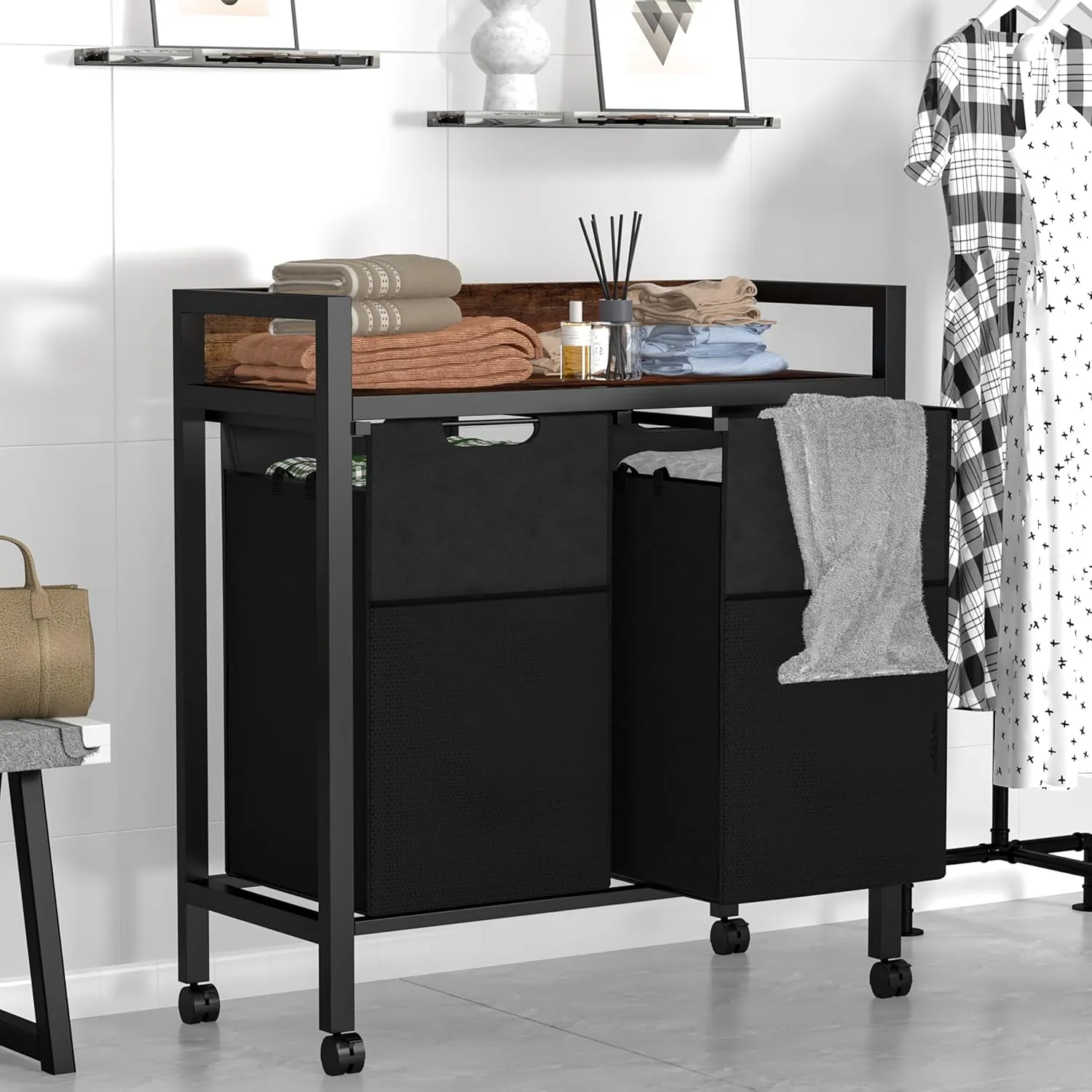 Laundry Sorter 2 Section, Dirty Clothes Hamper with Shelf,360°Rolling Laundry Basket, 2 Pull-Out and Removable Oxford Fabric Laundry Bags(96L),Rustic Brown and Black