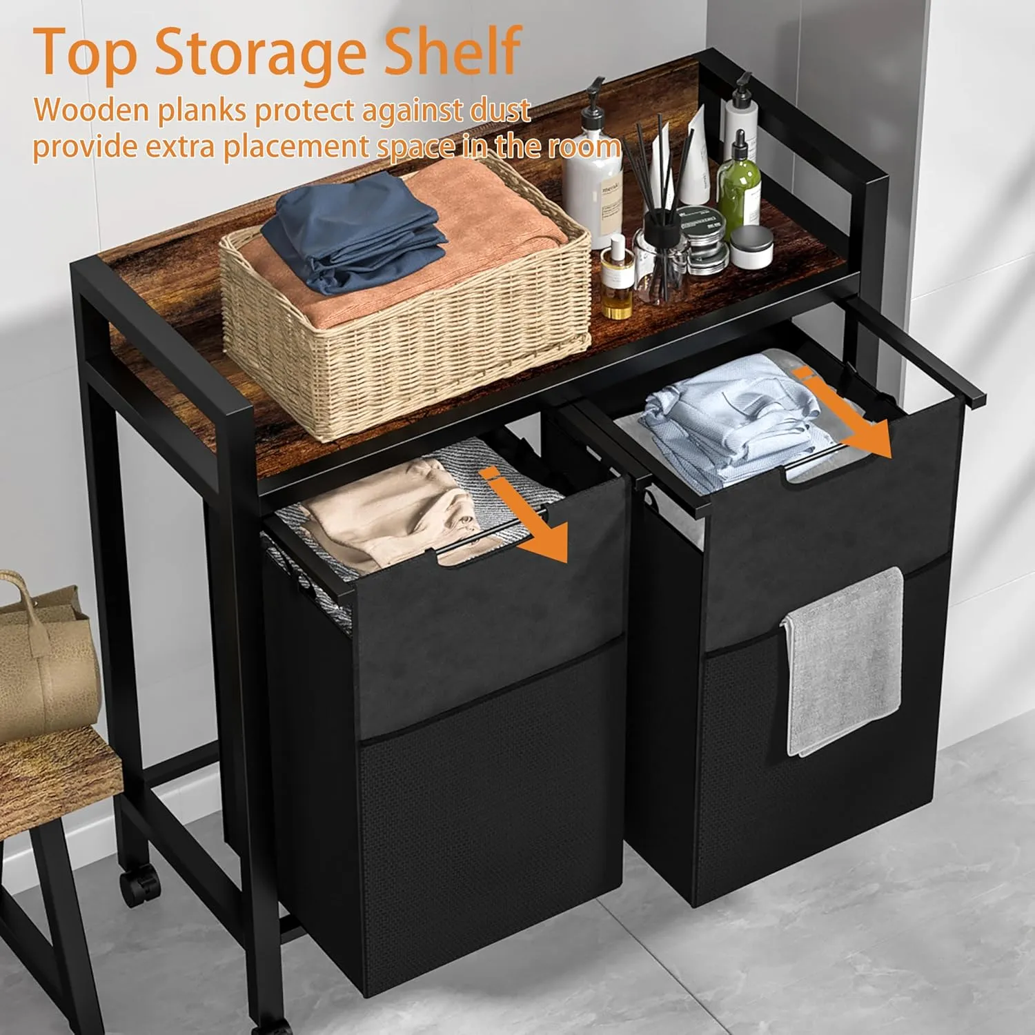 Laundry Sorter 2 Section, Dirty Clothes Hamper with Shelf,360°Rolling Laundry Basket, 2 Pull-Out and Removable Oxford Fabric Laundry Bags(96L),Rustic Brown and Black