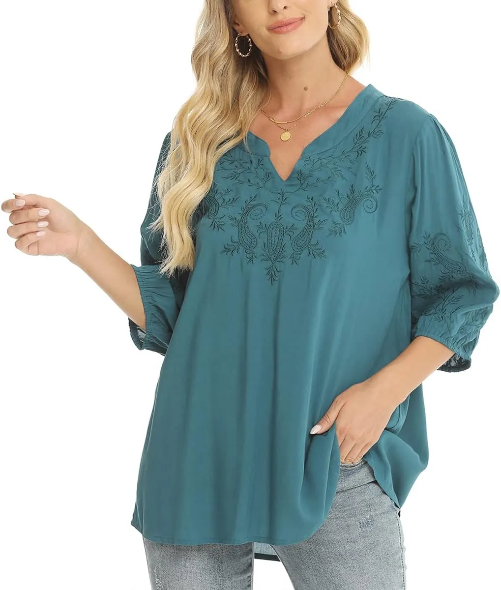 LauraKlein 3/4 Sleeve Tops for Women Mexican Embroidered Tops Peasant Blouse Boho Round Neck Shirts Bohemian Casual Tunic