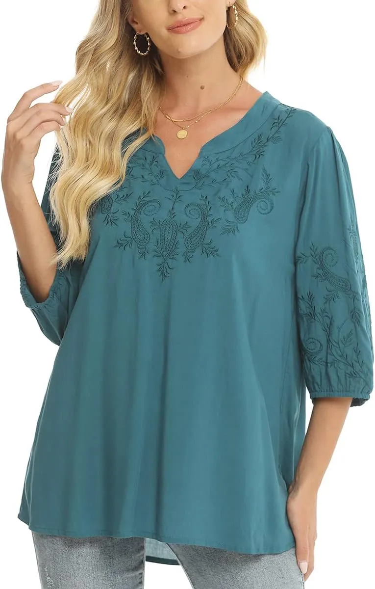 LauraKlein 3/4 Sleeve Tops for Women Mexican Embroidered Tops Peasant Blouse Boho Round Neck Shirts Bohemian Casual Tunic