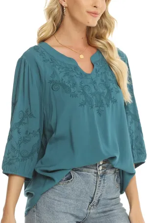 LauraKlein 3/4 Sleeve Tops for Women Mexican Embroidered Tops Peasant Blouse Boho Round Neck Shirts Bohemian Casual Tunic