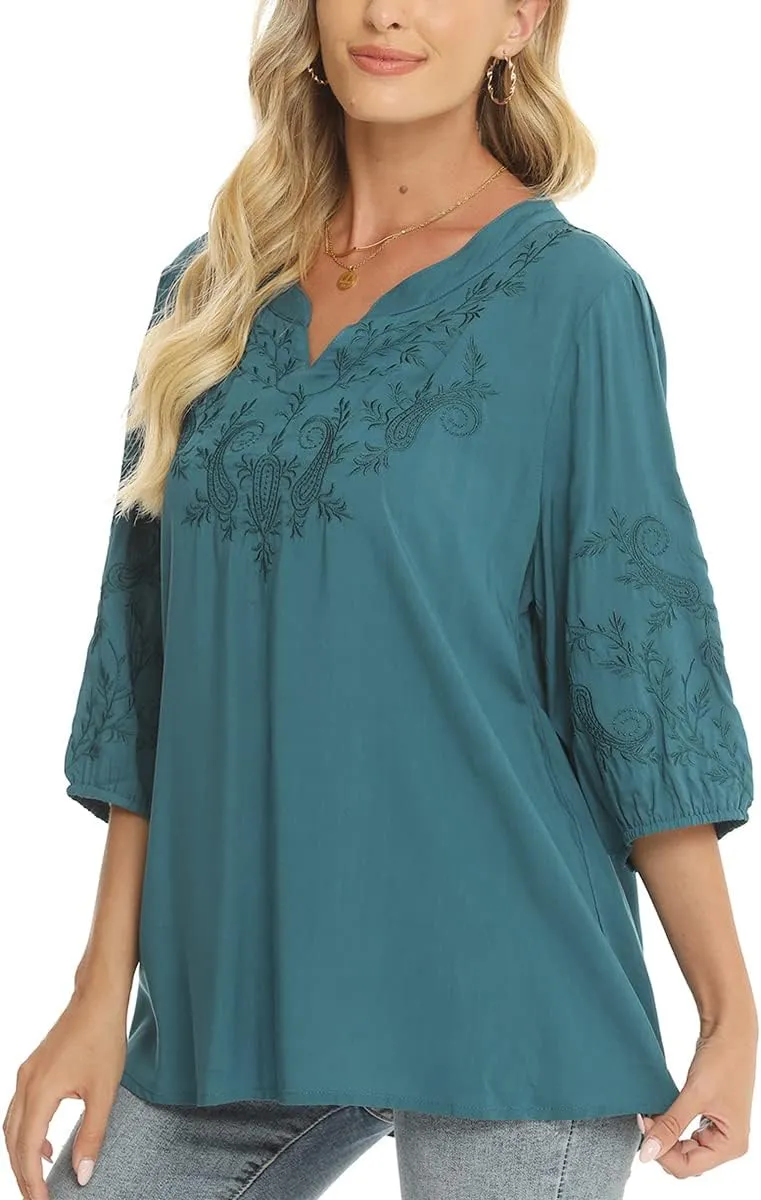 LauraKlein 3/4 Sleeve Tops for Women Mexican Embroidered Tops Peasant Blouse Boho Round Neck Shirts Bohemian Casual Tunic