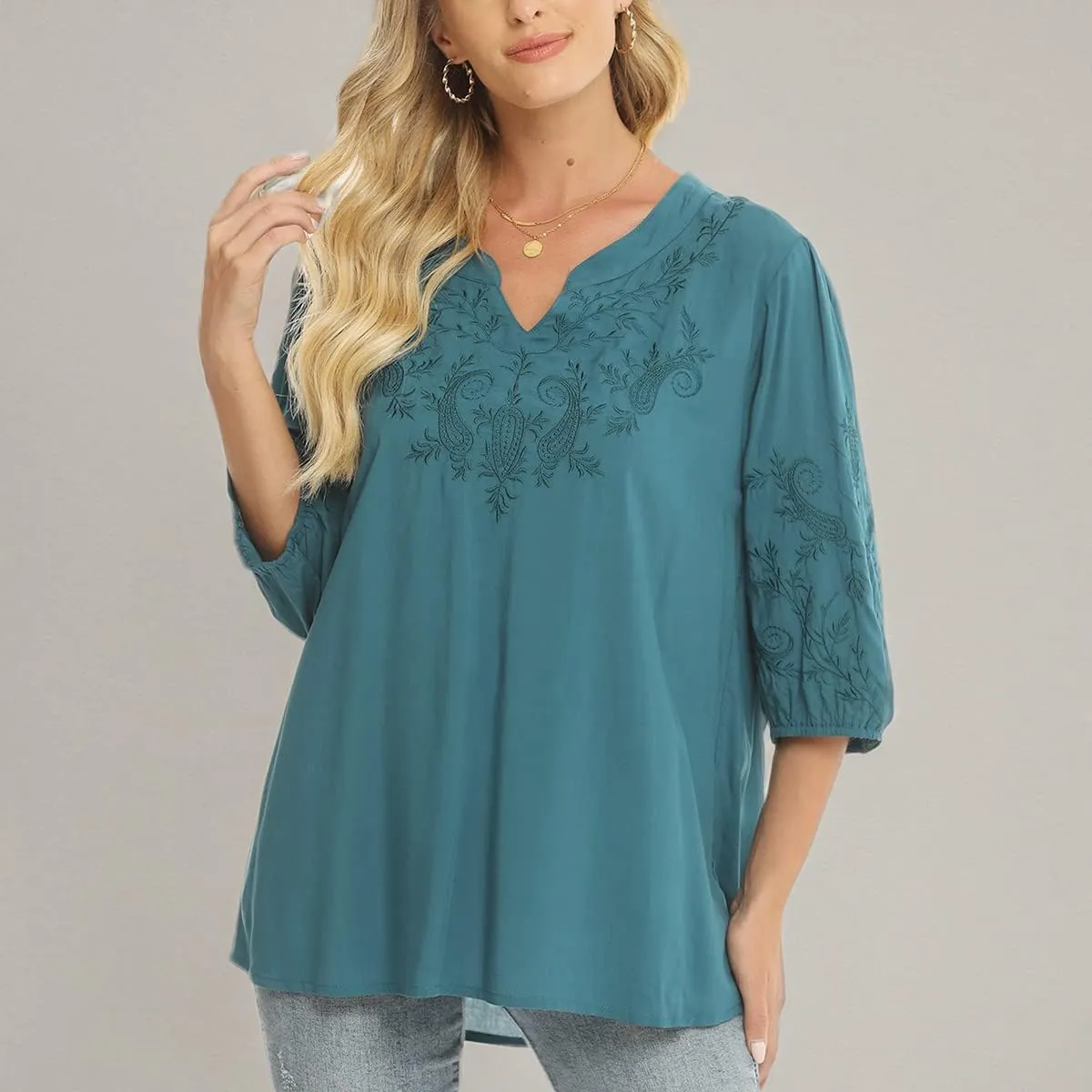 LauraKlein 3/4 Sleeve Tops for Women Mexican Embroidered Tops Peasant Blouse Boho Round Neck Shirts Bohemian Casual Tunic