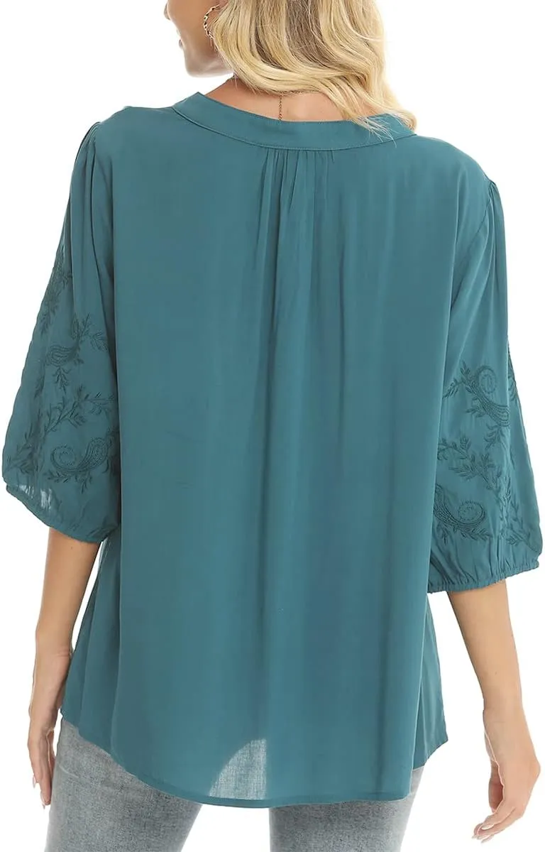 LauraKlein 3/4 Sleeve Tops for Women Mexican Embroidered Tops Peasant Blouse Boho Round Neck Shirts Bohemian Casual Tunic