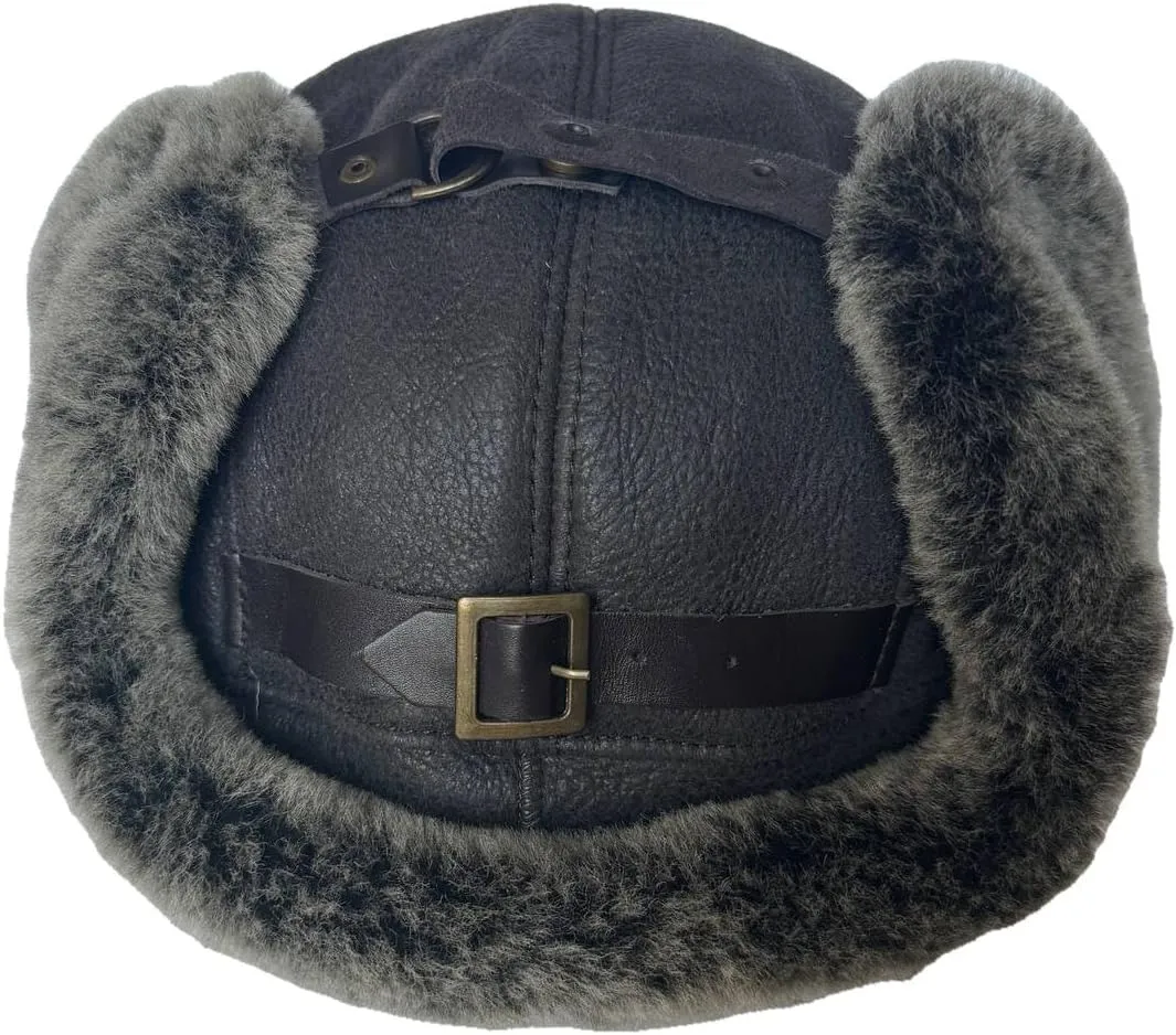Leather Aviator Russian Ushanka Trapper Shearling Sheepskin Fur Ear Flap Waterproof Winter Hat