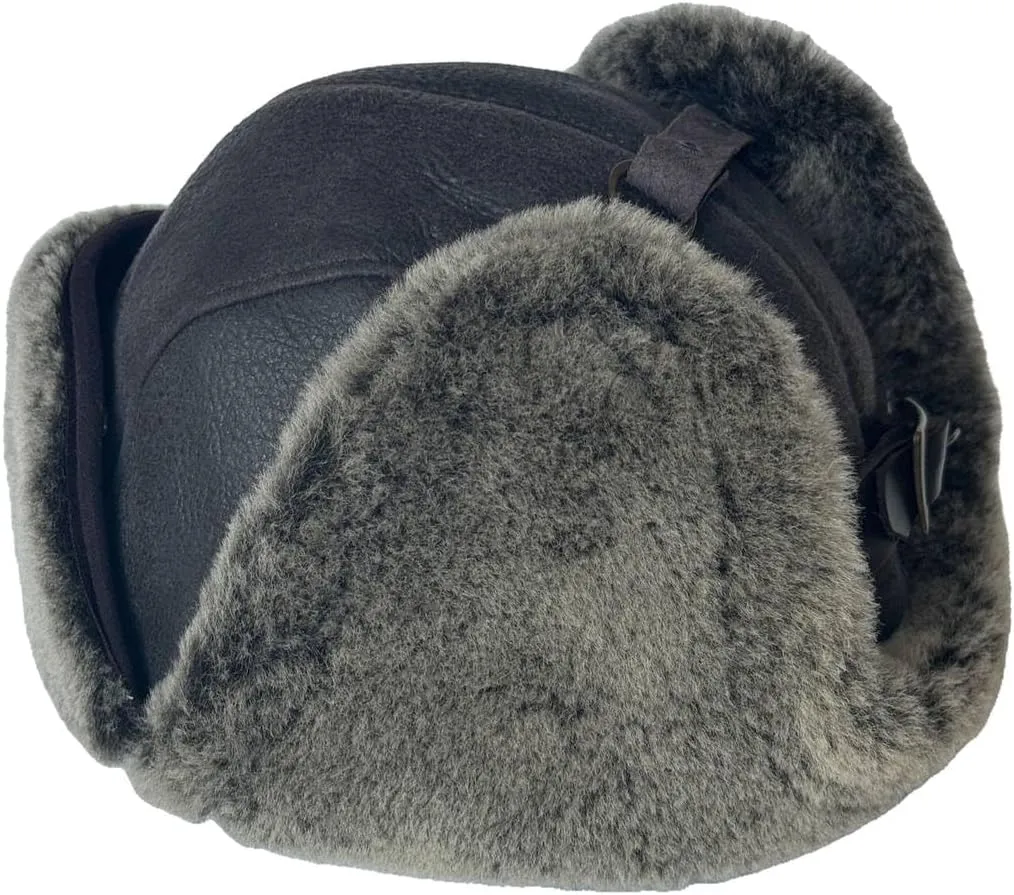 Leather Aviator Russian Ushanka Trapper Shearling Sheepskin Fur Ear Flap Waterproof Winter Hat