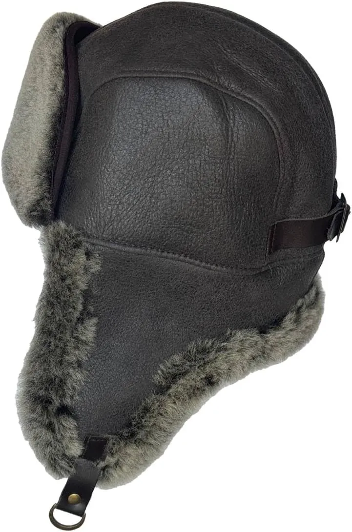 Leather Aviator Russian Ushanka Trapper Shearling Sheepskin Fur Ear Flap Waterproof Winter Hat