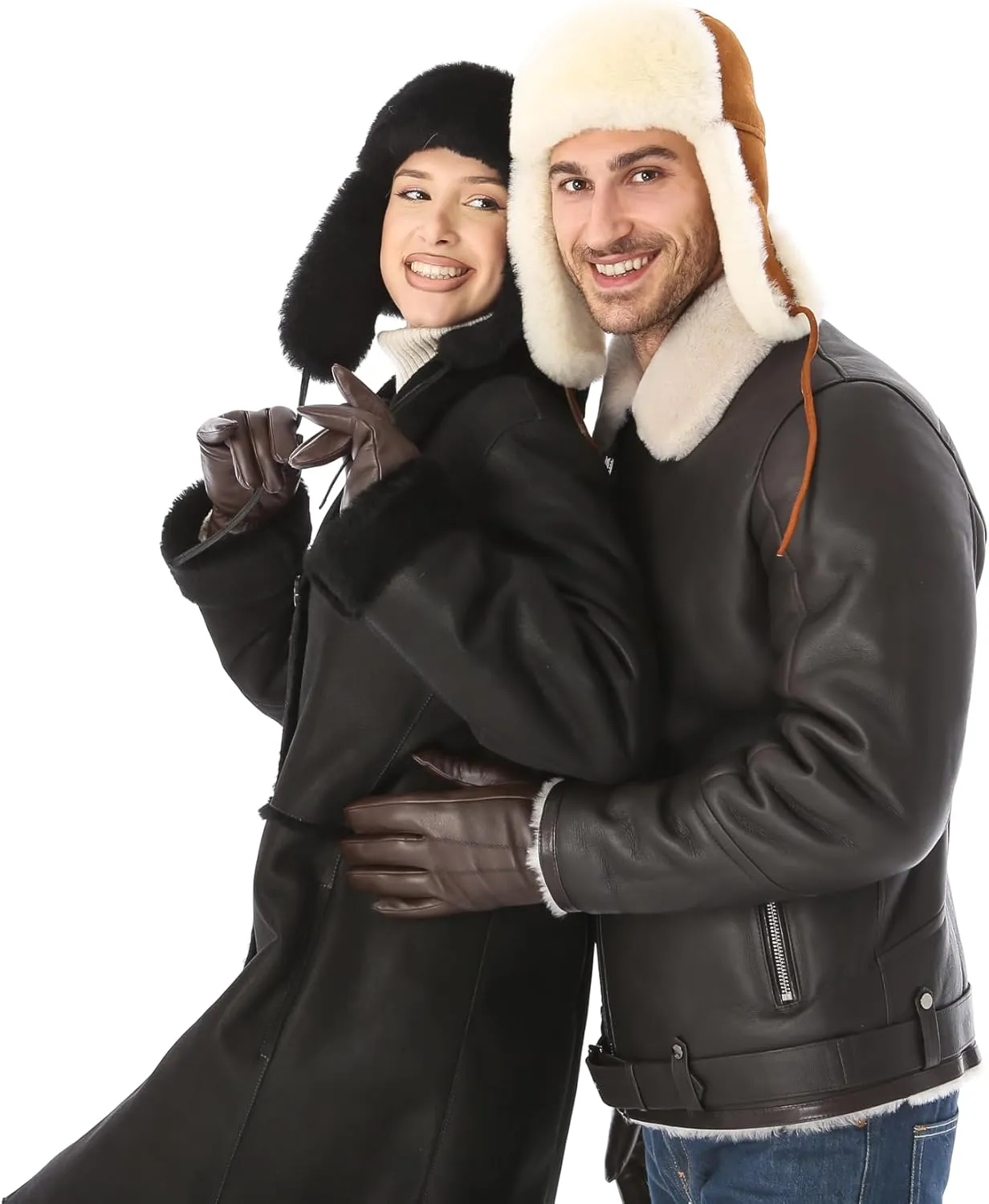 Leather Aviator Shearling Ushanka Trapper Hat Russian Sheepskin Cap Real Fur Winter Hat with Ear Flaps for Men Women