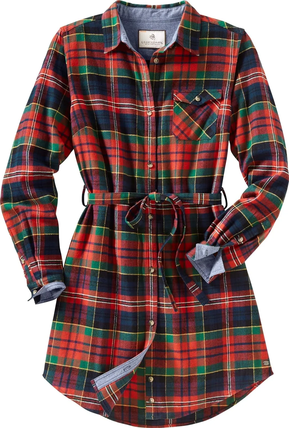 Legendary Whitetails Women's Open Spaces Dress, Plaid Flannel Long Sleeve Button Up Tunic with Belt