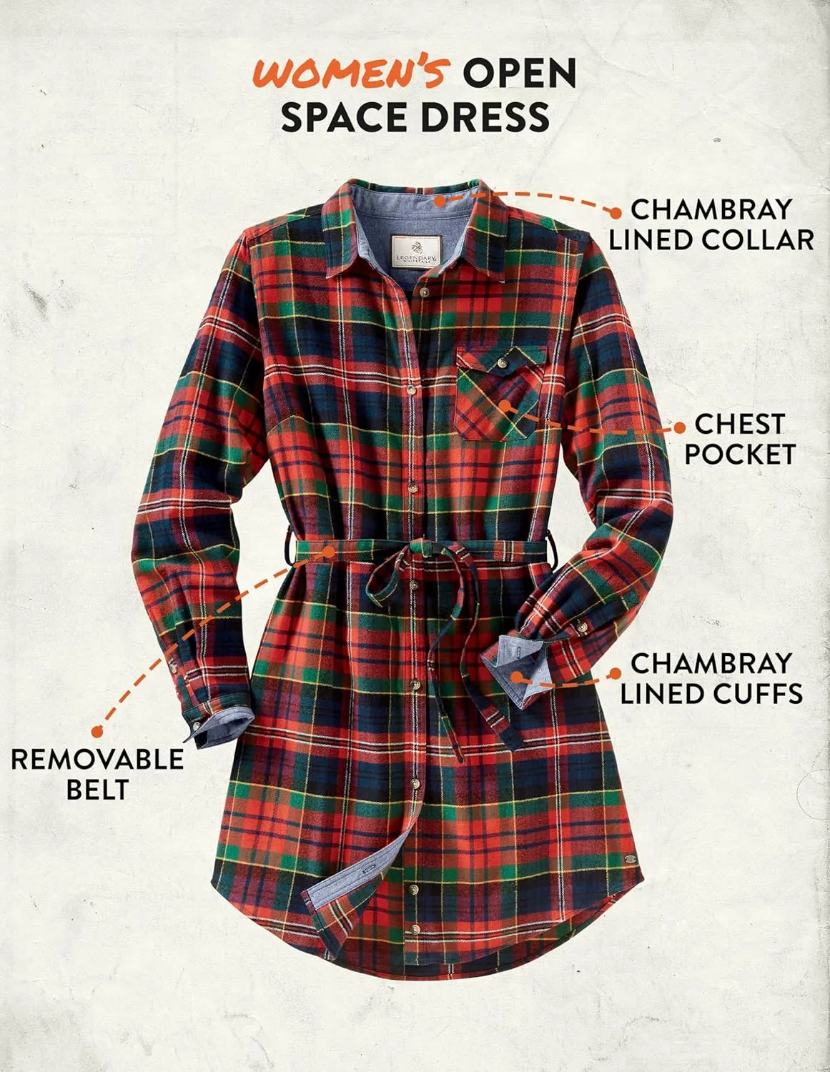 Legendary Whitetails Women's Open Spaces Dress, Plaid Flannel Long Sleeve Button Up Tunic with Belt