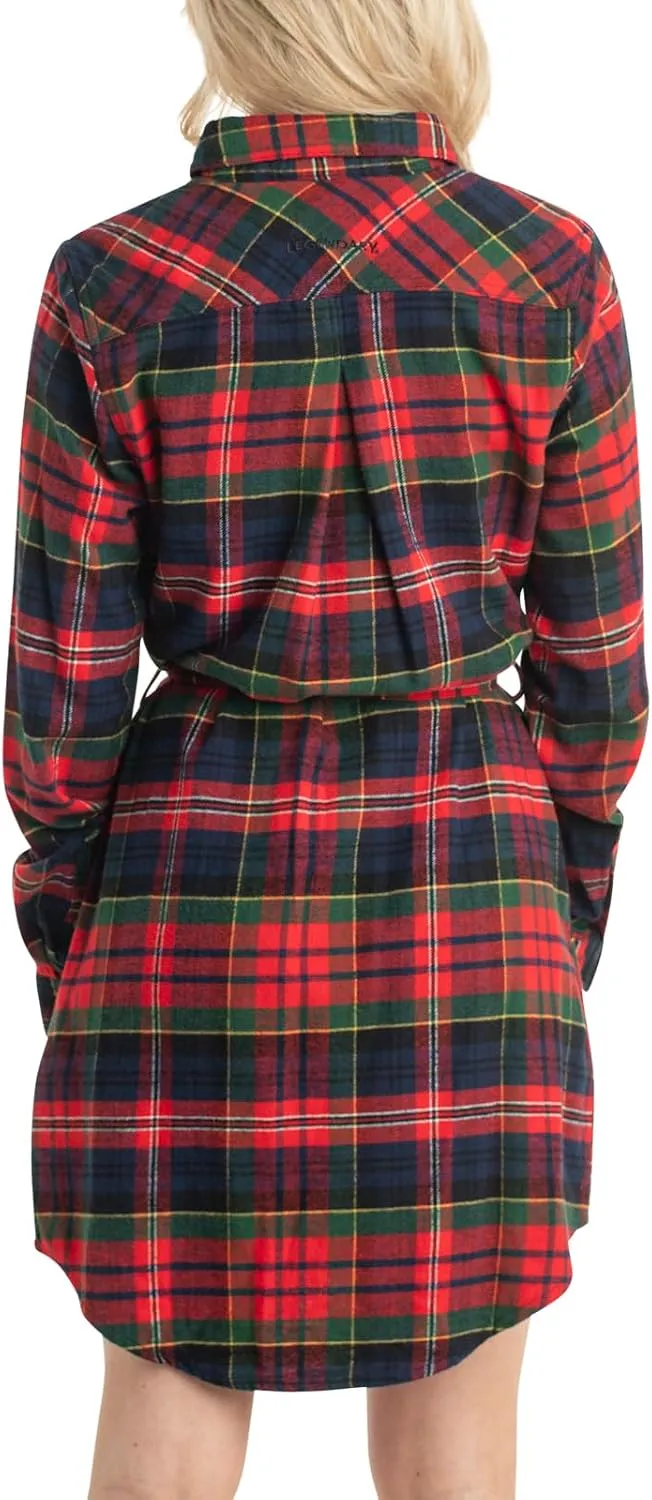 Legendary Whitetails Women's Open Spaces Dress, Plaid Flannel Long Sleeve Button Up Tunic with Belt