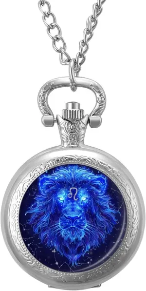 Leo Constellation Blue Lion Vintage Quartz Pocket Watch with Chain Numerals Scale for Christmas Graduation Birthday Gift
