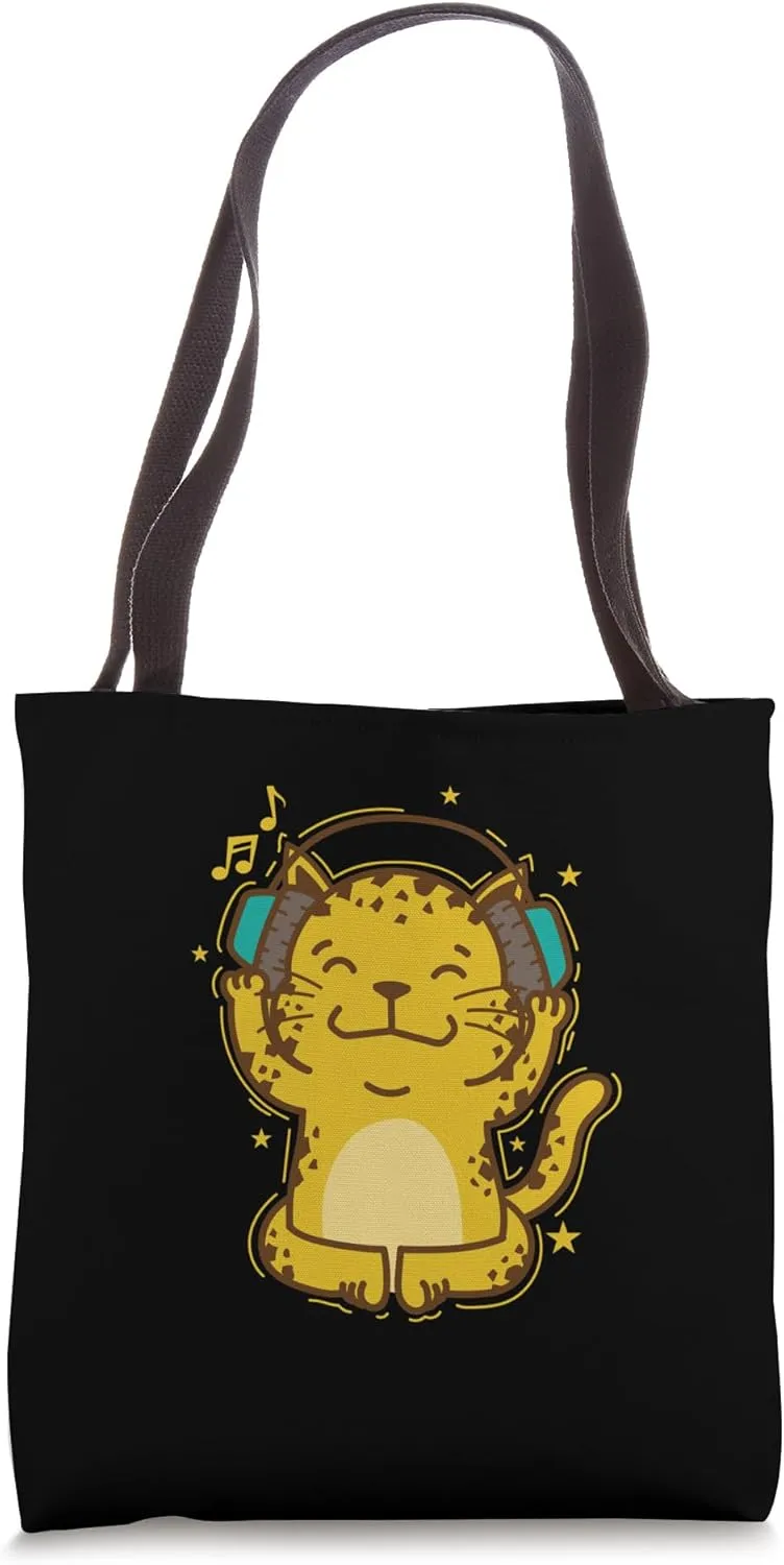 Leopard listening to Music with Headphones Predatory Cat Tote Bag