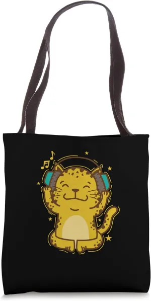 Leopard listening to Music with Headphones Predatory Cat Tote Bag