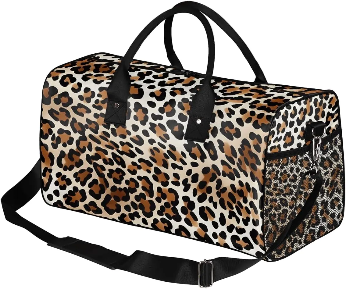Leopard Print Travel Duffle Bag for Women Men Foldable Waterproof Weekender Bag Carry on Tote for Overnight Sports Gym Animal Theme Print Faux Fur