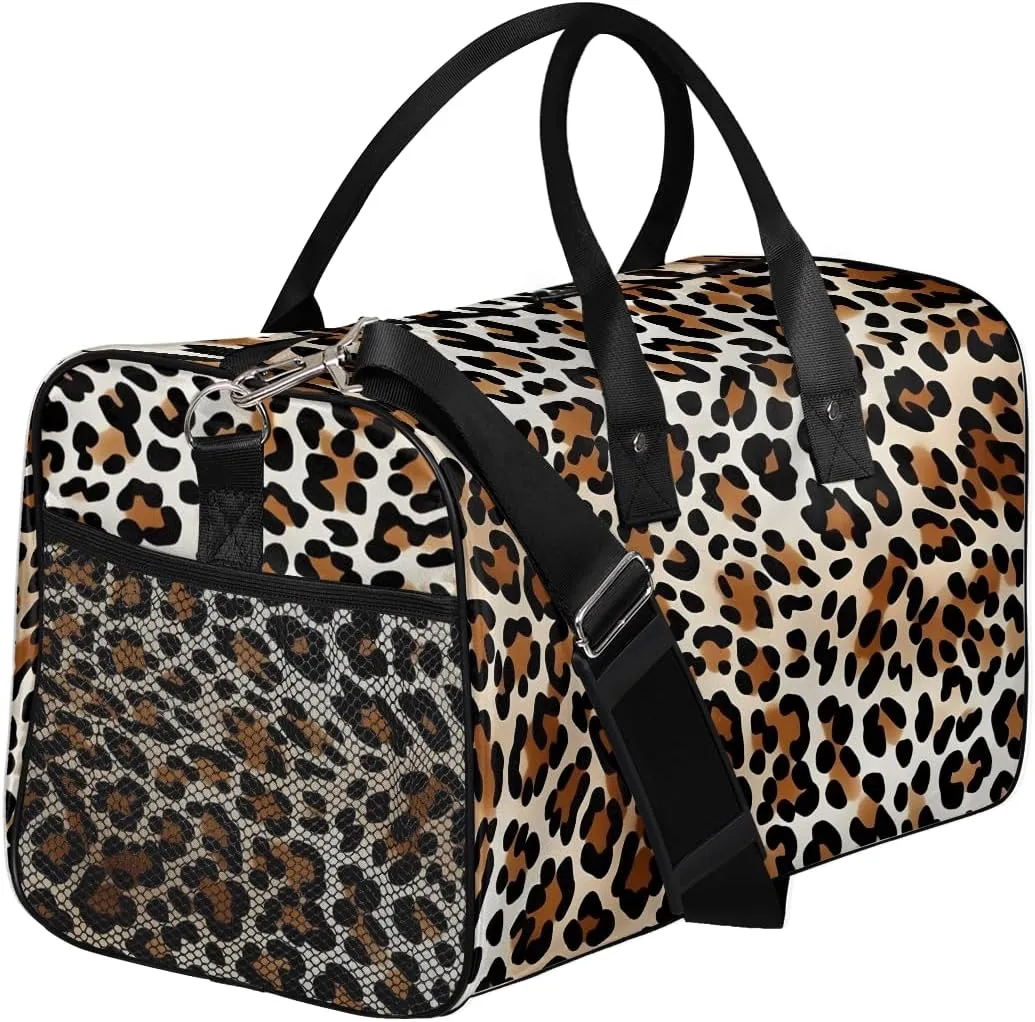 Leopard Print Travel Duffle Bag for Women Men Foldable Waterproof Weekender Bag Carry on Tote for Overnight Sports Gym Animal Theme Print Faux Fur