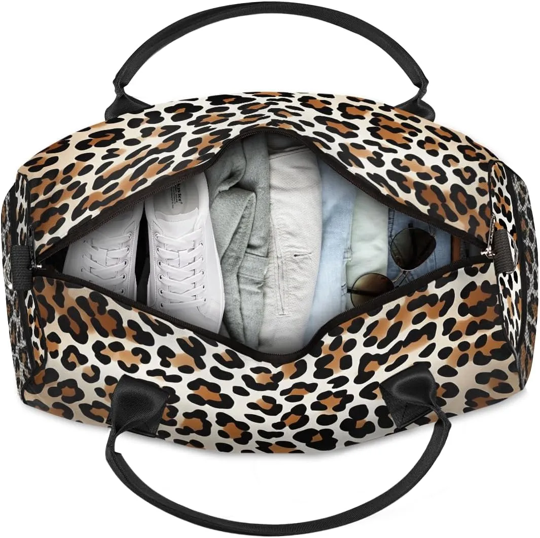 Leopard Print Travel Duffle Bag for Women Men Foldable Waterproof Weekender Bag Carry on Tote for Overnight Sports Gym Animal Theme Print Faux Fur