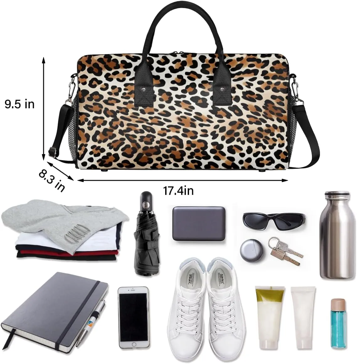 Leopard Print Travel Duffle Bag for Women Men Foldable Waterproof Weekender Bag Carry on Tote for Overnight Sports Gym Animal Theme Print Faux Fur