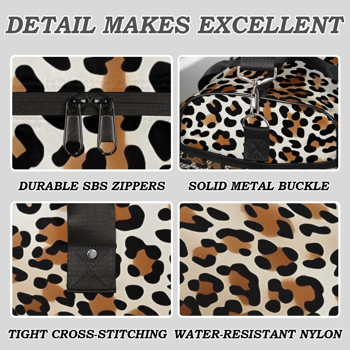 Leopard Print Travel Duffle Bag for Women Men Foldable Waterproof Weekender Bag Carry on Tote for Overnight Sports Gym Animal Theme Print Faux Fur