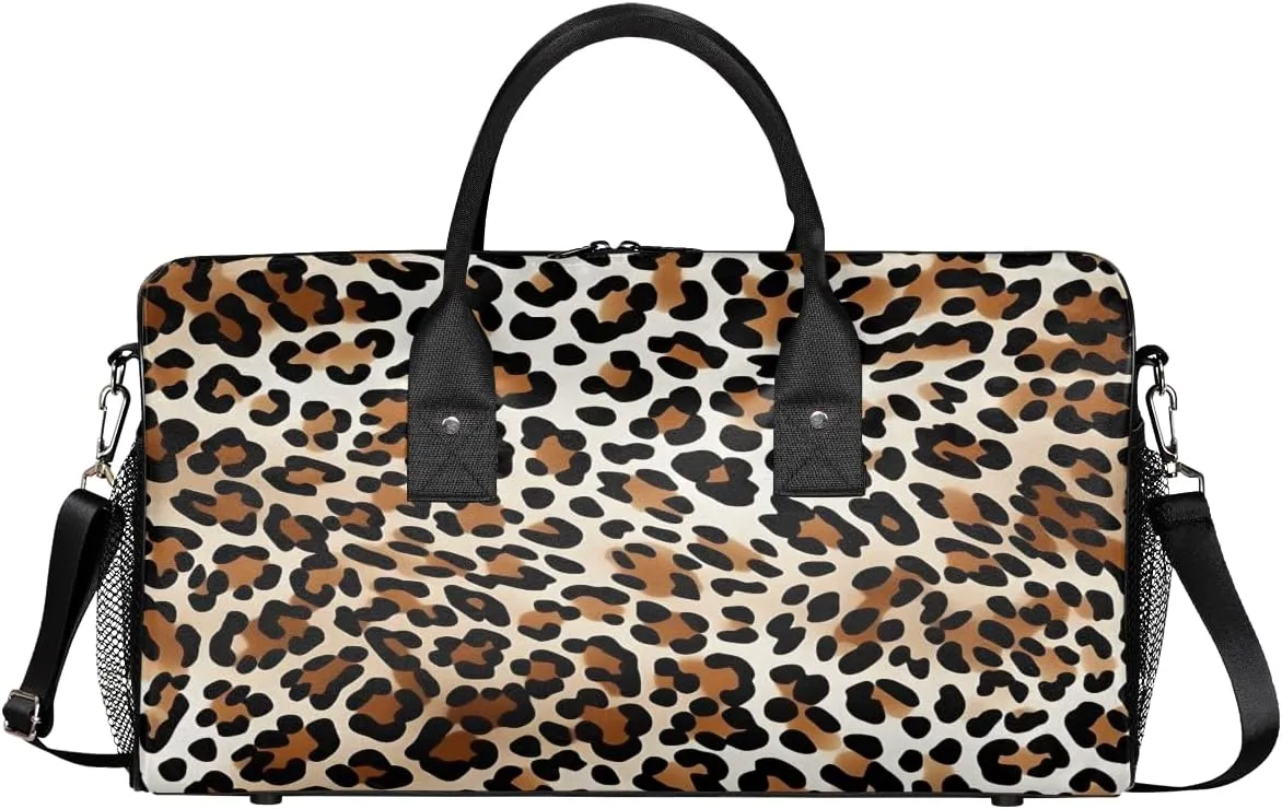 Leopard Print Travel Duffle Bag for Women Men Foldable Waterproof Weekender Bag Carry on Tote for Overnight Sports Gym Animal Theme Print Faux Fur