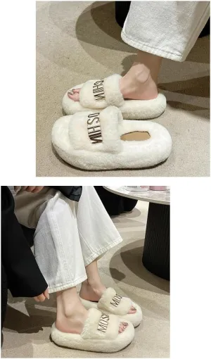 Letter Button Artificial Lamb Wool Flip-Flops Winter Spring Women'S Advanced Fluffy Non-Slip Slippers Indoor Outdoor
