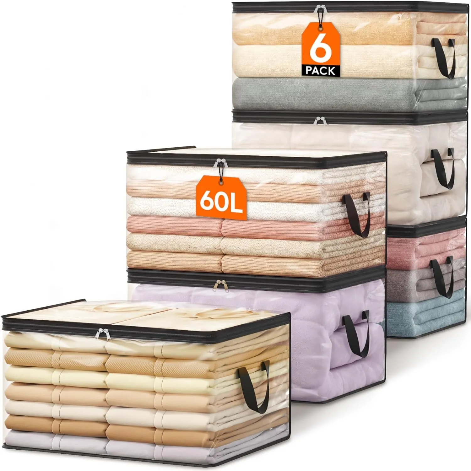 Lifewit 6 Pack Clear Clothes Storage Bags, 60L Plastic Blanket Vinyl Foldable Moving Bags with Zipper, Closet Organizers and Storage Containers for Bedding, Duvet, Pillow