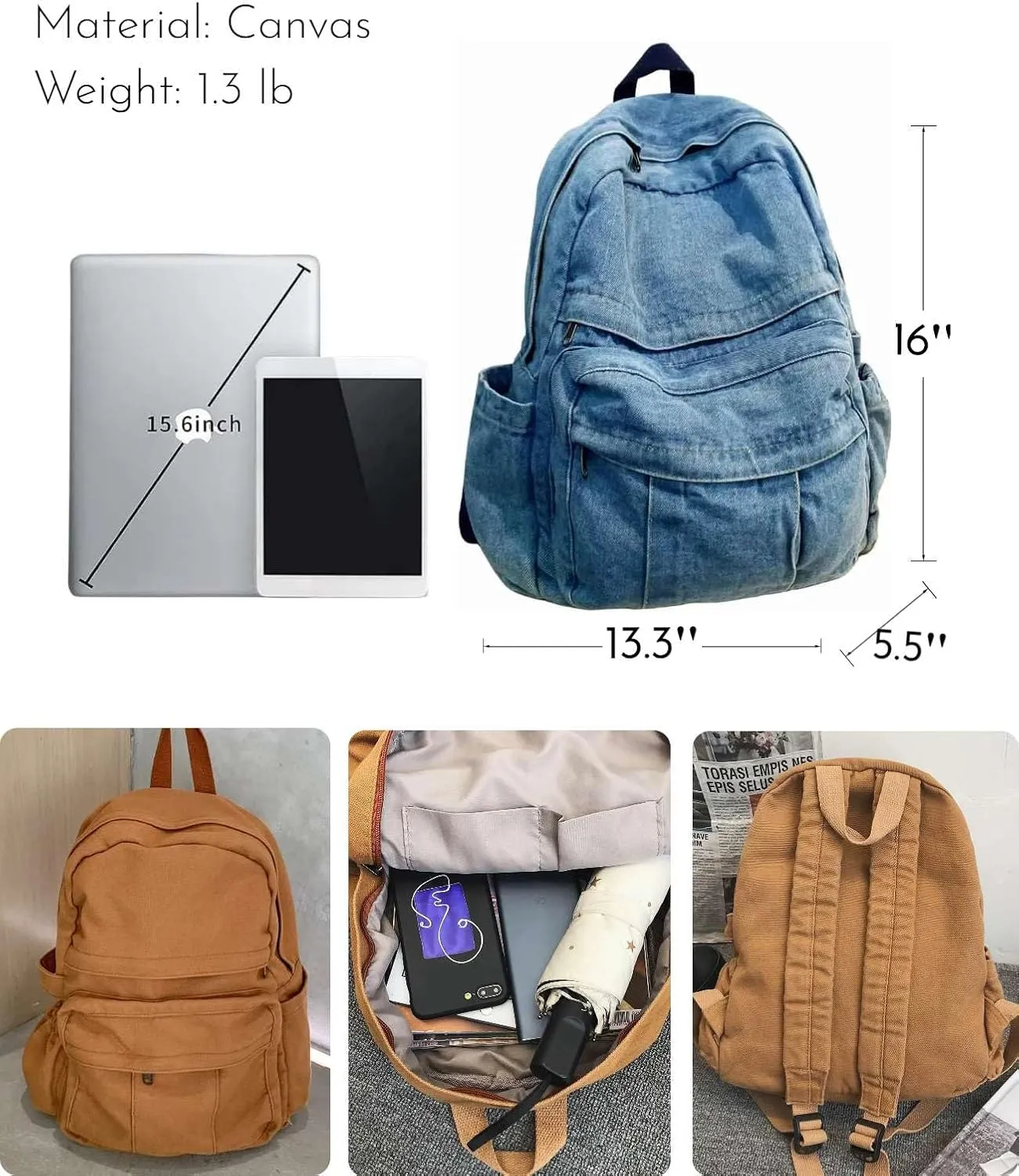 Light Wash Denim Jean Backpack for Women & Men Retro Aesthetic Rucksack Basic Backpack for High School/College Students Travel Laptop Bag