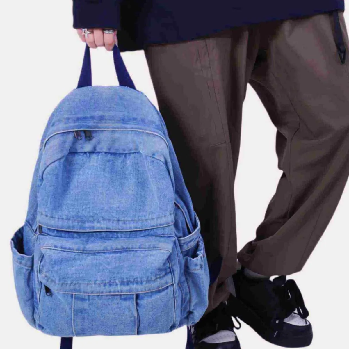 Light Wash Denim Jean Backpack for Women & Men Retro Aesthetic Rucksack Basic Backpack for High School/College Students Travel Laptop Bag