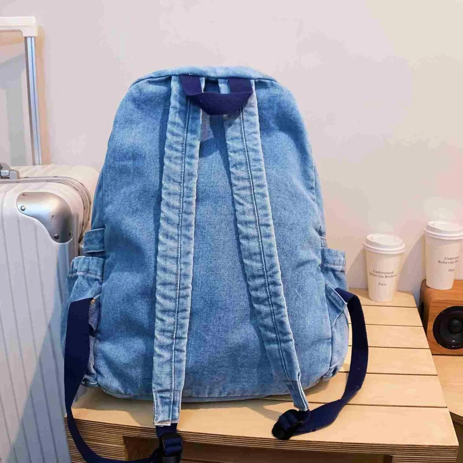 Light Wash Denim Jean Backpack for Women & Men Retro Aesthetic Rucksack Basic Backpack for High School/College Students Travel Laptop Bag