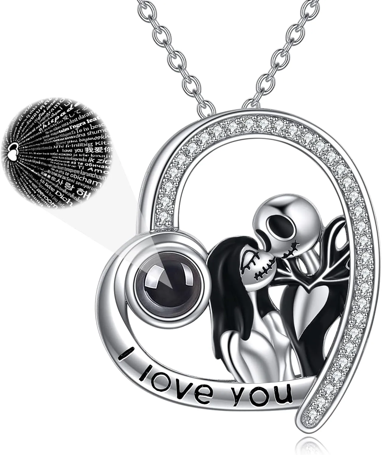 LILALO Nightmare Necklace Sterling Silver Abalone Shell Crystal Jack and Sally Necklace Skull Necklace