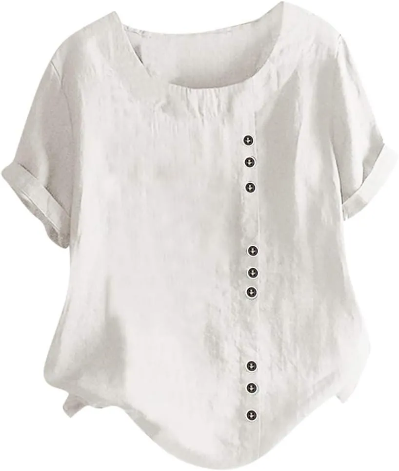 Linen Cotton Womens Short Sleeve Shirts Big Drop Collar Loose Draw Pleated Two Tops Women'S Swimwear Cover Ups