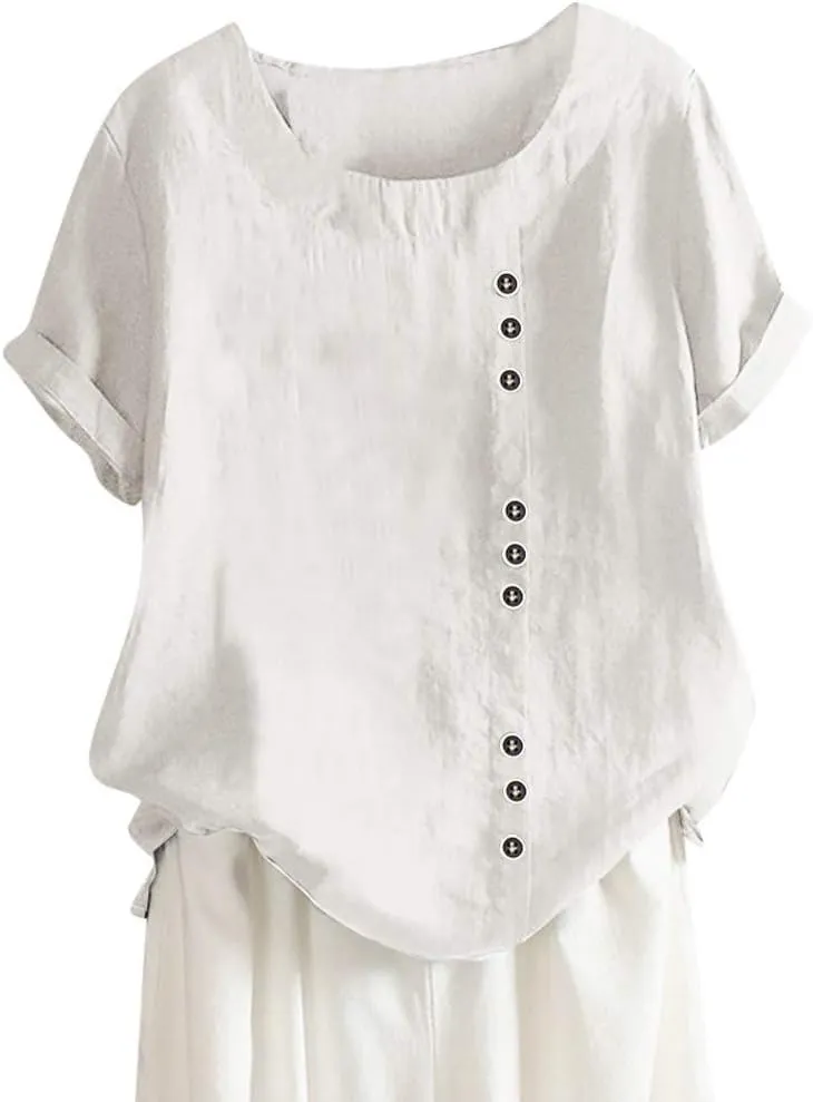 Linen Cotton Womens Short Sleeve Shirts Big Drop Collar Loose Draw Pleated Two Tops Women'S Swimwear Cover Ups