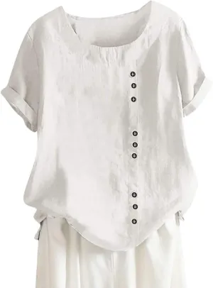 Linen Cotton Womens Short Sleeve Shirts Big Drop Collar Loose Draw Pleated Two Tops Women'S Swimwear Cover Ups